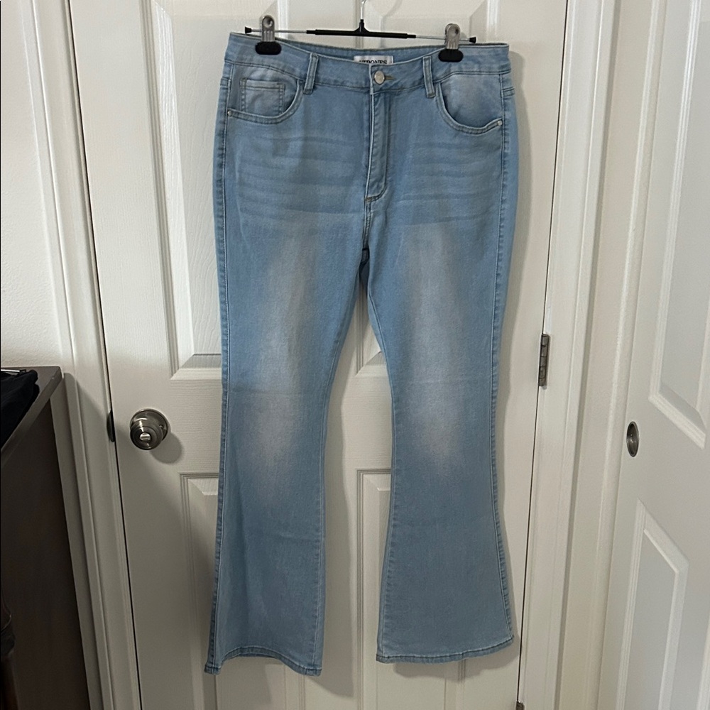 Vipones Light Blue Flared Distressed Women Jeans, Size 14